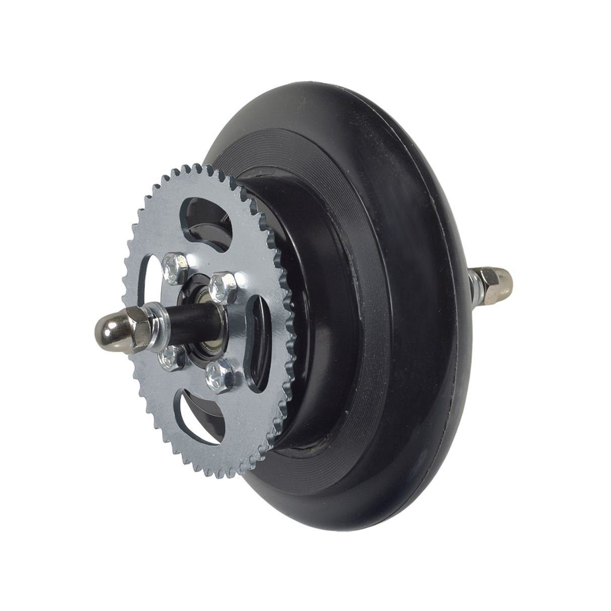 Rear Wheel Assembly for Razor E90 Accelerator & Pulse Reverb Scooters, featuring a metallic gear and nut, designed as a complete replacement package with mounting hardware.