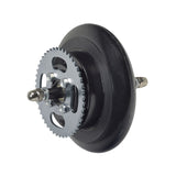 Chain Drive Rear Wheel Assembly for Electric Scooters, featuring a metal gear, integrated rim, solid polyurethane tire, bearings, chain sprocket, axle, spacers, and nuts, suitable for various models.