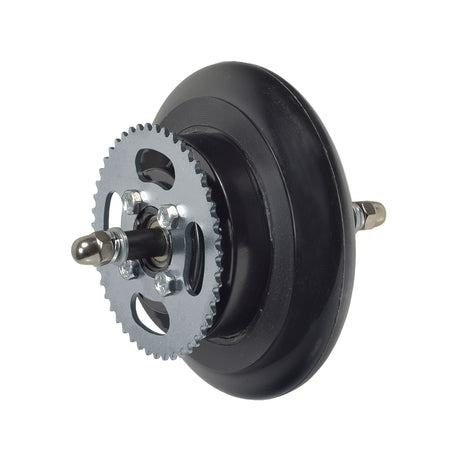 Chain Drive Rear Wheel Assembly for Razor E100, E125, E150, E175, & eSpark, showcasing integrated rim, solid polyurethane tire, chain sprocket, axle, bearings, axle spacers, and nuts.