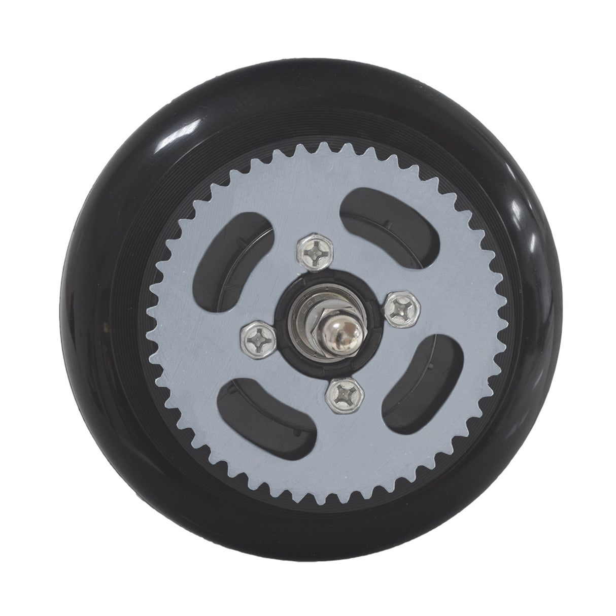 Rear Wheel Assembly for Razor E90 Accelerator & Pulse Reverb Scooters, featuring a black and silver rim, complete with mounting hardware. Ideal for seamless replacement, but requires old parts for Pulse Reverb compatibility.