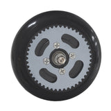 Chain Drive Rear Wheel Assembly for Electric Scooters featuring a black and silver rim, integrated solid polyurethane tire, chain sprocket, axle with spacers, and nuts.