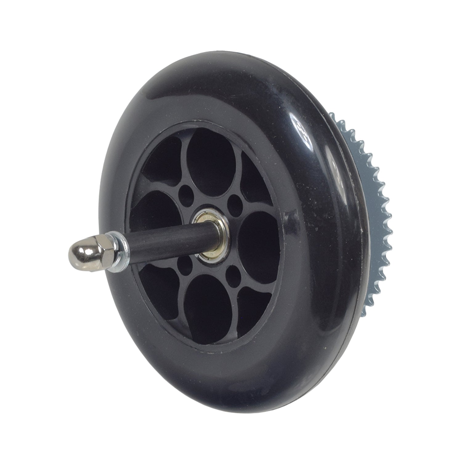 Chain Drive Rear Wheel Assembly for Razor E100, E125, E150, E175, & eSpark, featuring a metal stem, integrated rim, solid polyurethane tire, bearings, chain sprocket, axle, spacers, and nuts.