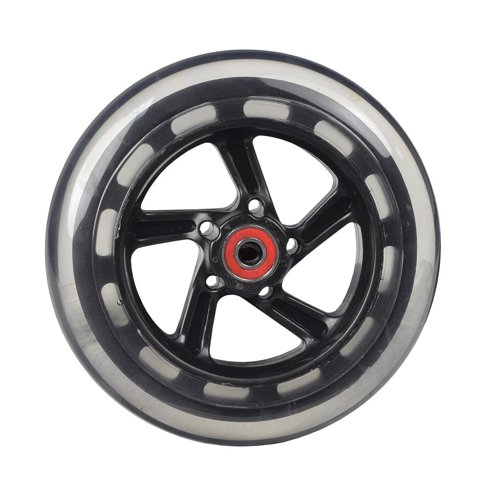 150 mm (155 mm Replacement) Rear Wheels for the Razor Trikke E2 (Set of 2) featuring black tire with white rim and included 608ZZ bearings.