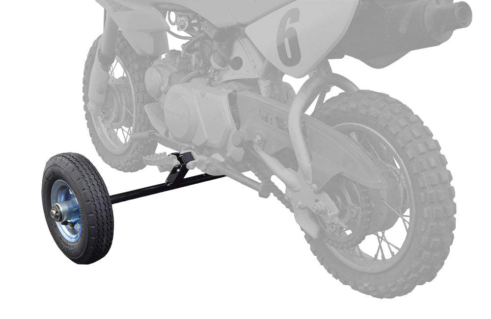 Training Wheels for 50cc & 70cc Dirt Bikes, shown with sturdy black tires and complete attachment hardware, including axle, mounting brackets, washers, cotter pins, and clevis pins for secure installation.