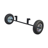 Training Wheels for 50cc & 70cc Dirt Bikes, featuring black metal bars with black wheels, designed to aid young riders in gaining balance and confidence. Includes all necessary parts for secure attachment.