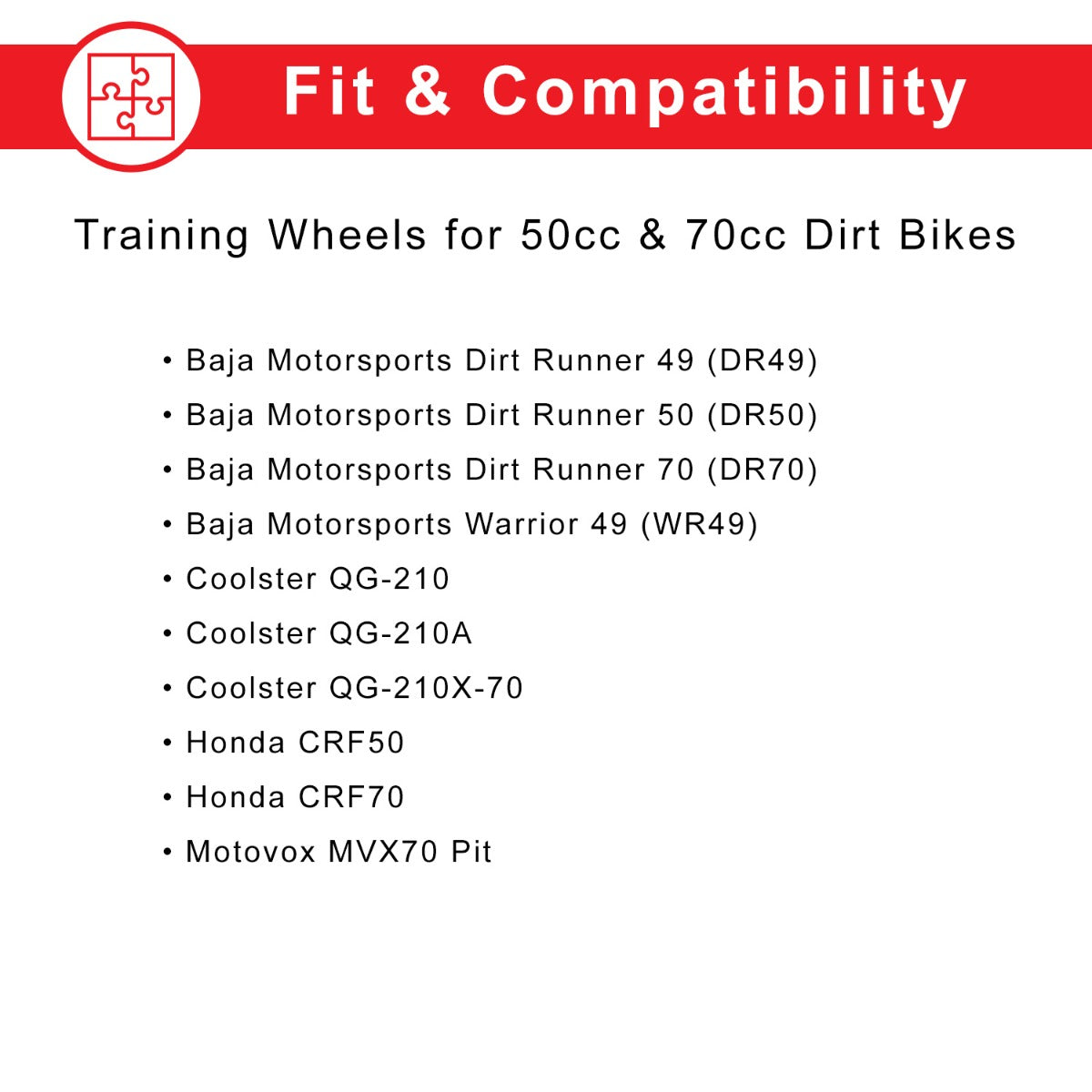 Training Wheels for 50cc & 70cc Dirt Bikes shown with mounting brackets, washers, cotter pins, and clevis pins. The wheels are displayed prominently, illustrating essential parts for attachment.