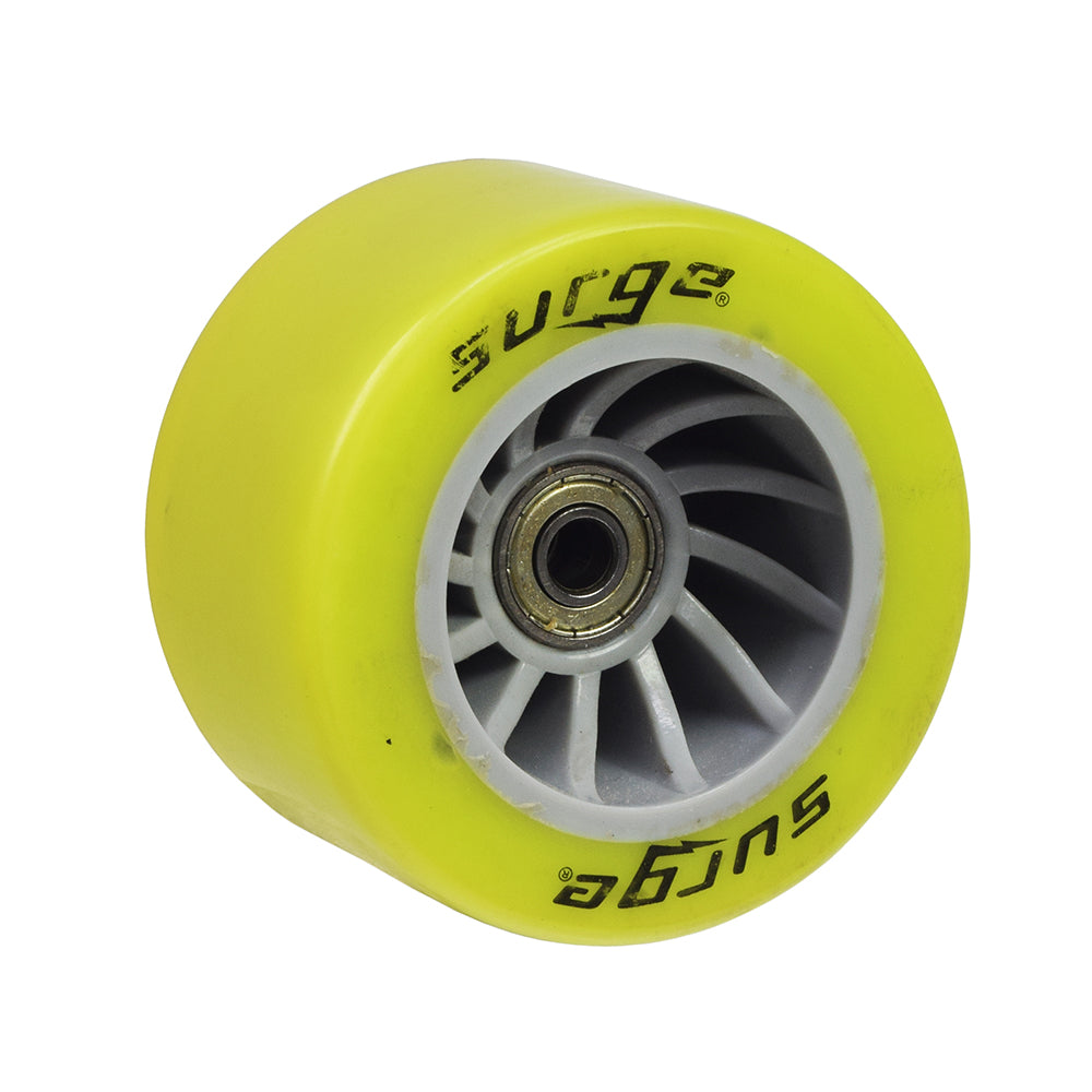 Drive Wheel with Belt Sprocket for the Surge Electric Skateboard, showcasing a close-up of the yellow wheel with a metal center and non-removable belt sprocket, designed for the rear left axle.