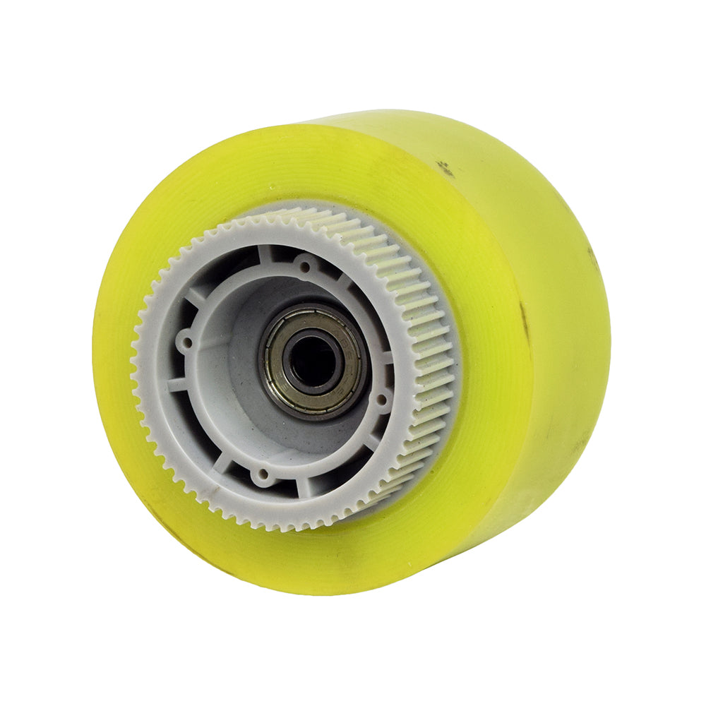 Drive Wheel with Belt Sprocket for the Surge Electric Skateboard showing a close-up of the wheel's belt sprocket molded on the inboard side, fitting the rear left axle for skateboard propulsion.