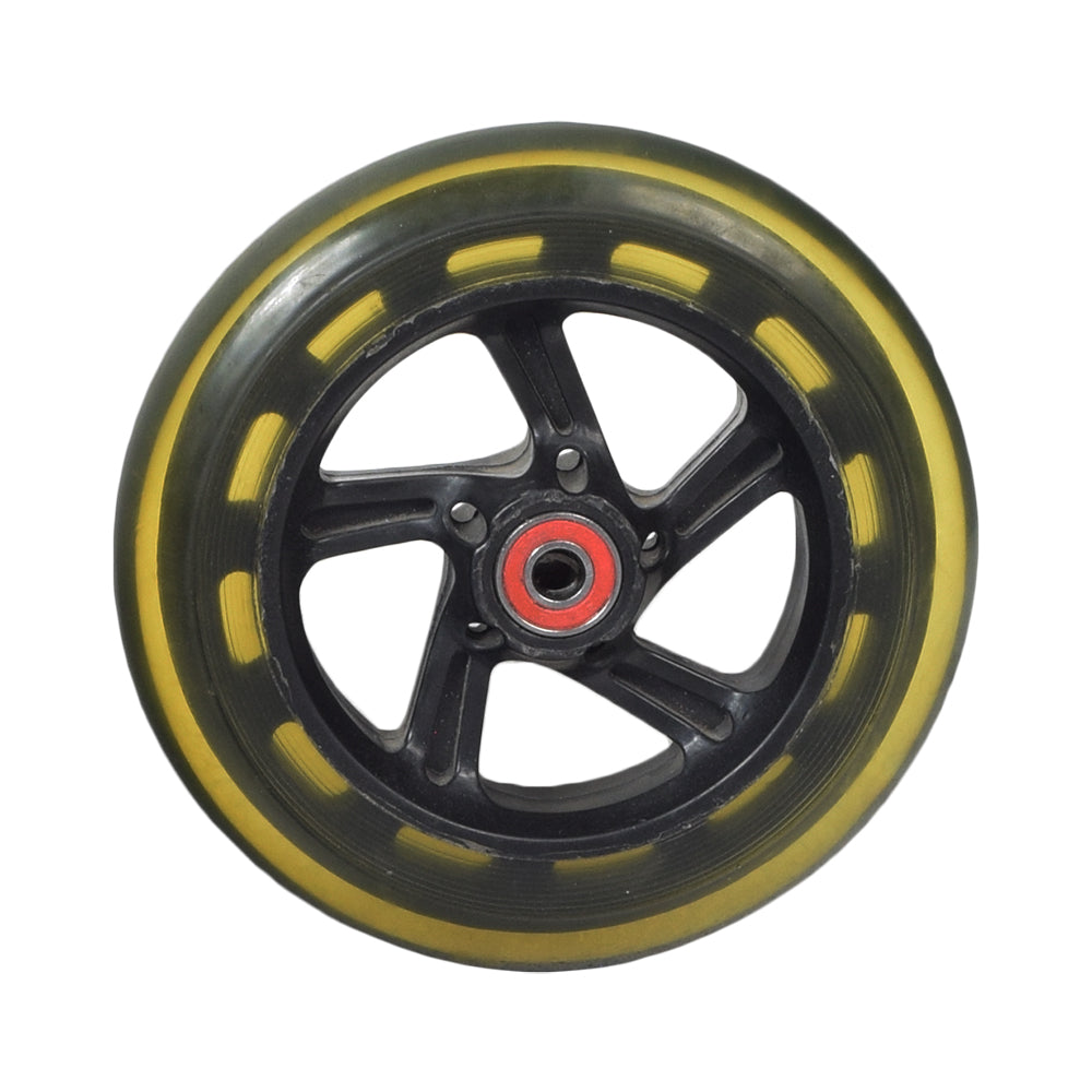 150 mm (155 mm Replacement) Rear Wheels for the Razor Trikke E2 (Set of 2) featuring yellow rims, black spokes, and 608ZZ bearings, providing a complete wheel assembly for the scooter.