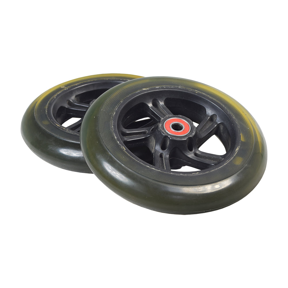 150 mm (155 mm Replacement) Rear Wheels for the Razor Trikke E2 (Set of 2) showing a pair of black wheels with red centers, complete with rims and 608ZZ bearings.