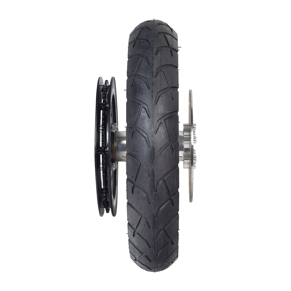 Rear Wheel Assembly for the Razor RSF350 Electric Sport Bike, featuring a pre-assembled motorcycle tire with a metal hub, brake disc, pneumatic Clever tire, inner tube, chain plate guide, sprocket, and bearings.