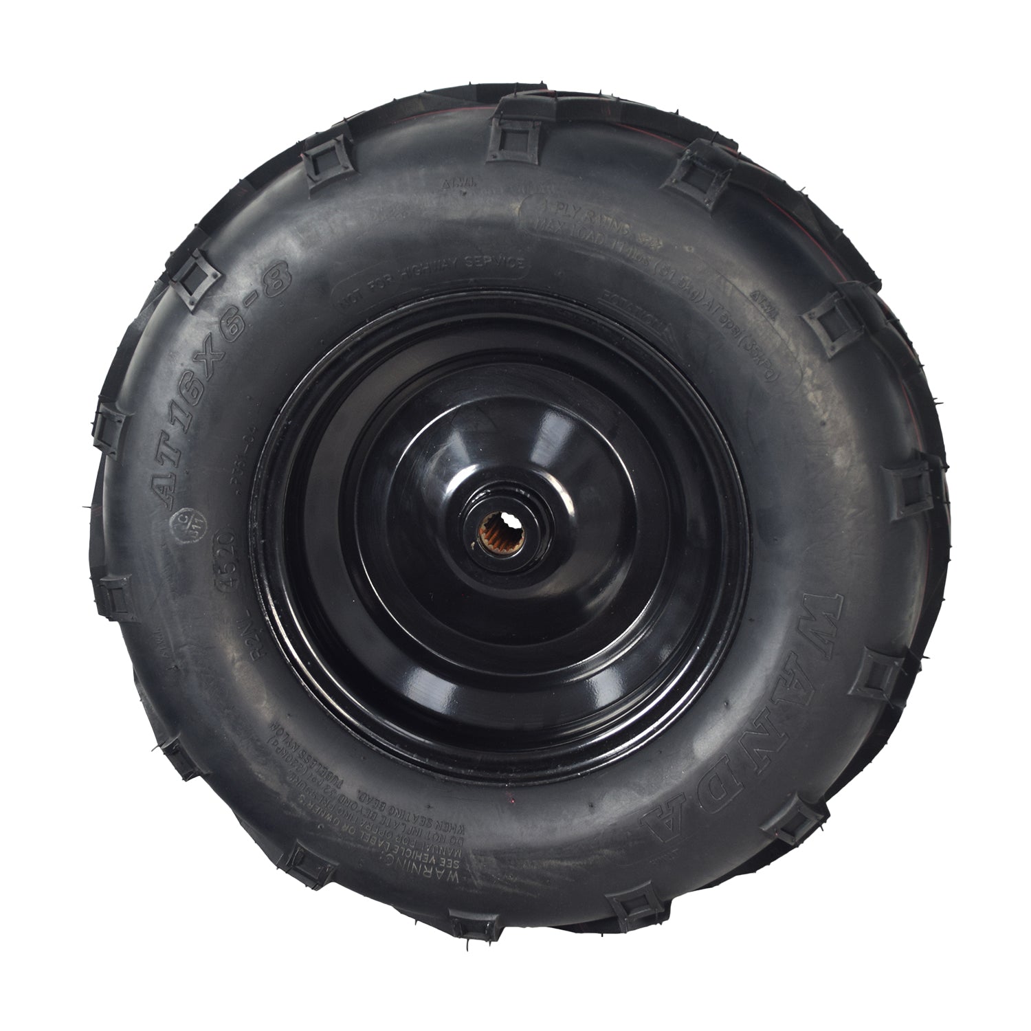 Rear Wheel Assembly with Rim & Tire for the Coleman KT196 196cc 6.5 Hp Go-Kart, featuring a black V-tread tire on a 16x6-8 steel rim, designed with a splined hub for enhanced performance.