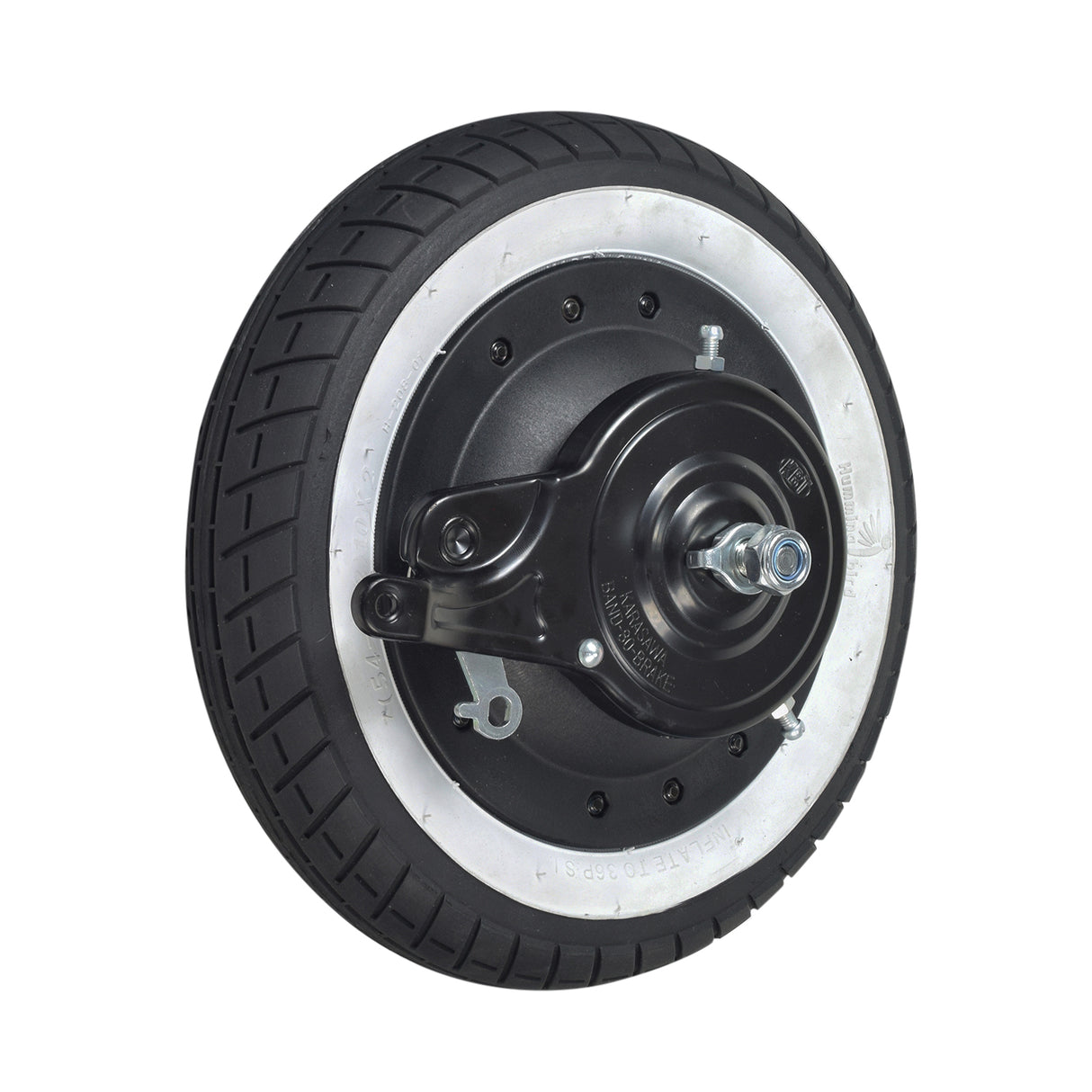 Complete Rear Wheel Assembly with Hub Motor for the Razor Pocket Mod Petite, featuring a black and silver wheel with a distinctive whitewall and included components like the inner tube, rear axle, and hub cover.