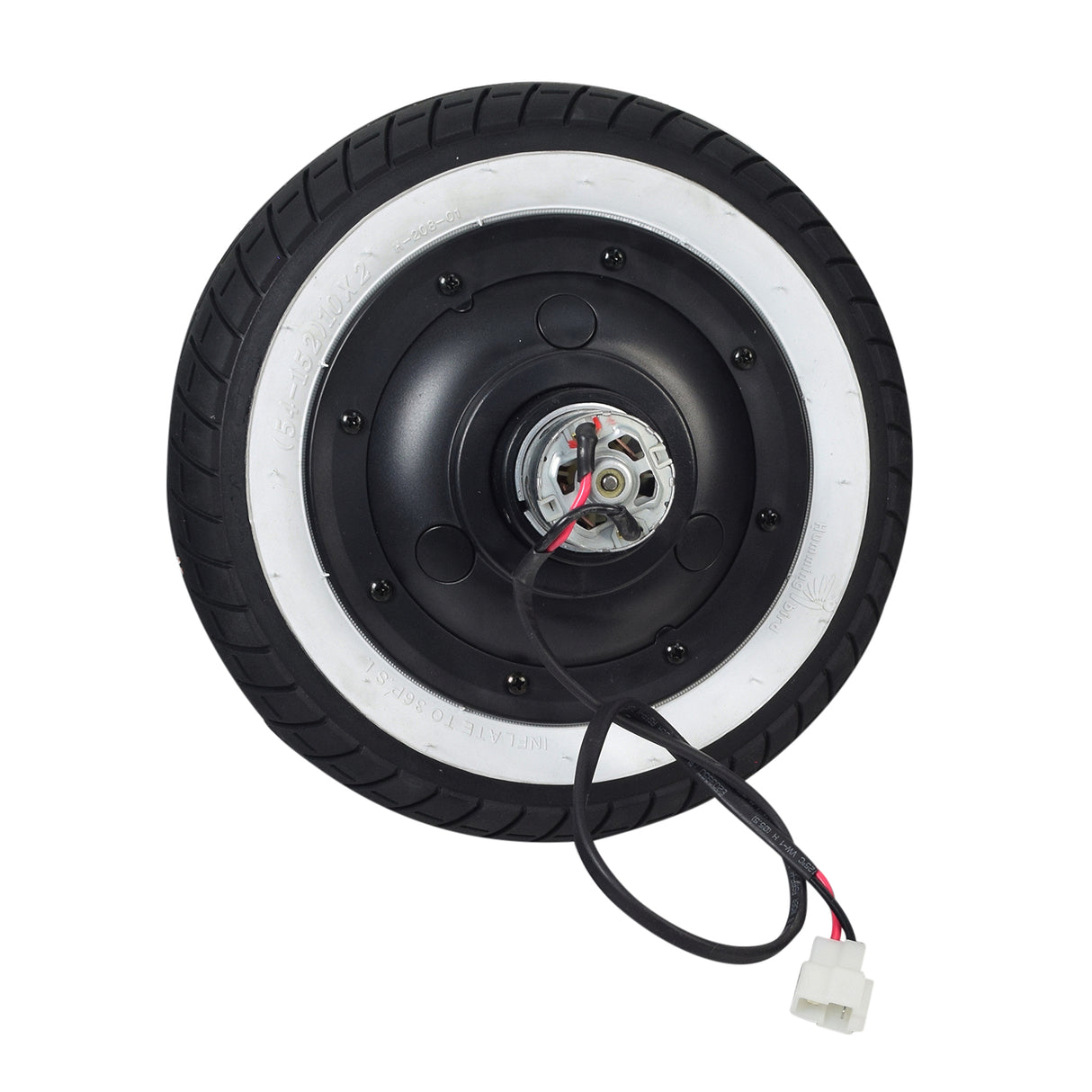 Complete Rear Wheel Assembly with Hub Motor for the Razor Pocket Mod Petite, featuring a black wheel with white rim, wires, and included tire, inner tube, rear axle, hub cover, and band brake.