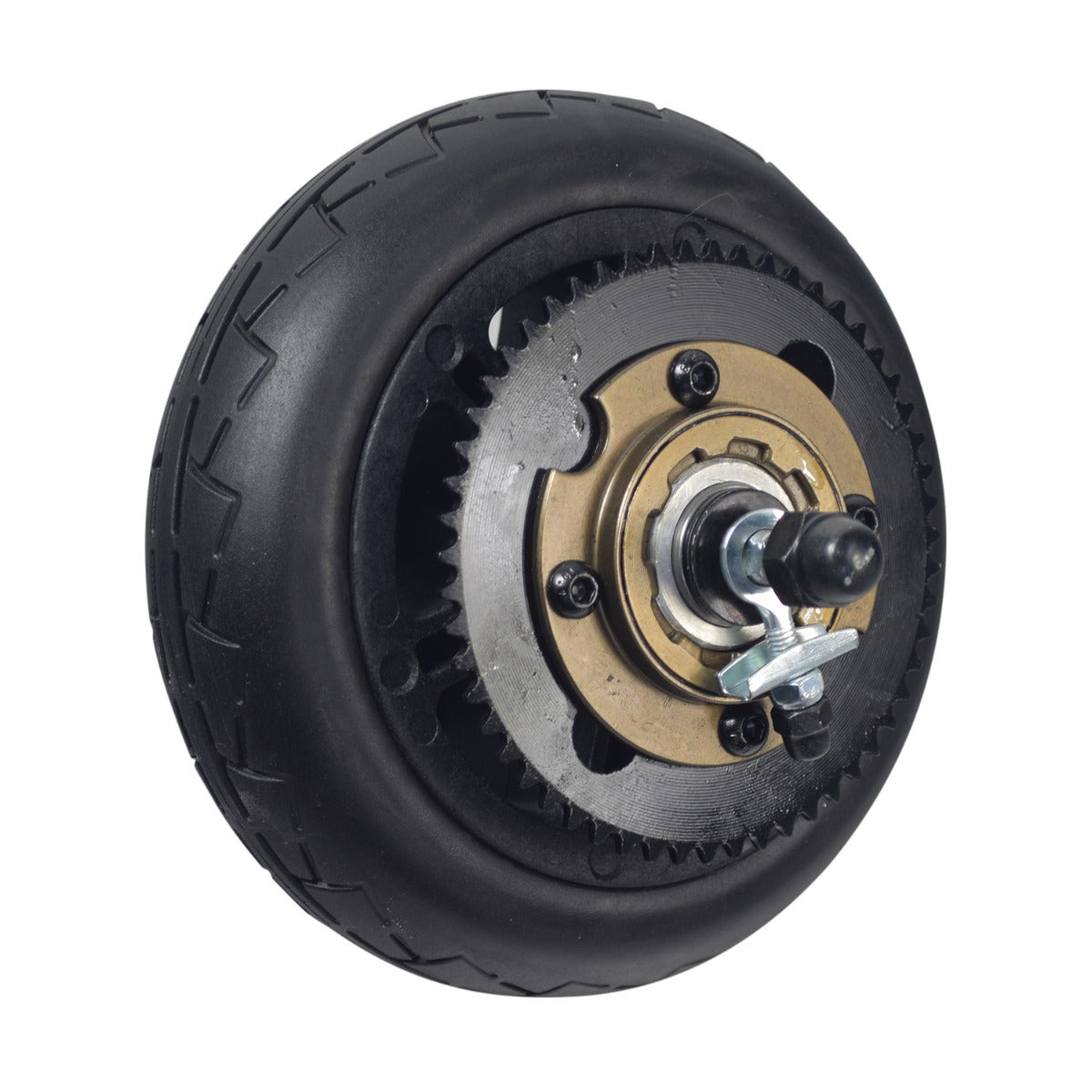 Rear Wheel Assembly for the Viro Rides VR 550E Scooter, featuring a black 6-spoke polyurethane rim with a 6.89 tire and visible metal components including bolts and nuts.