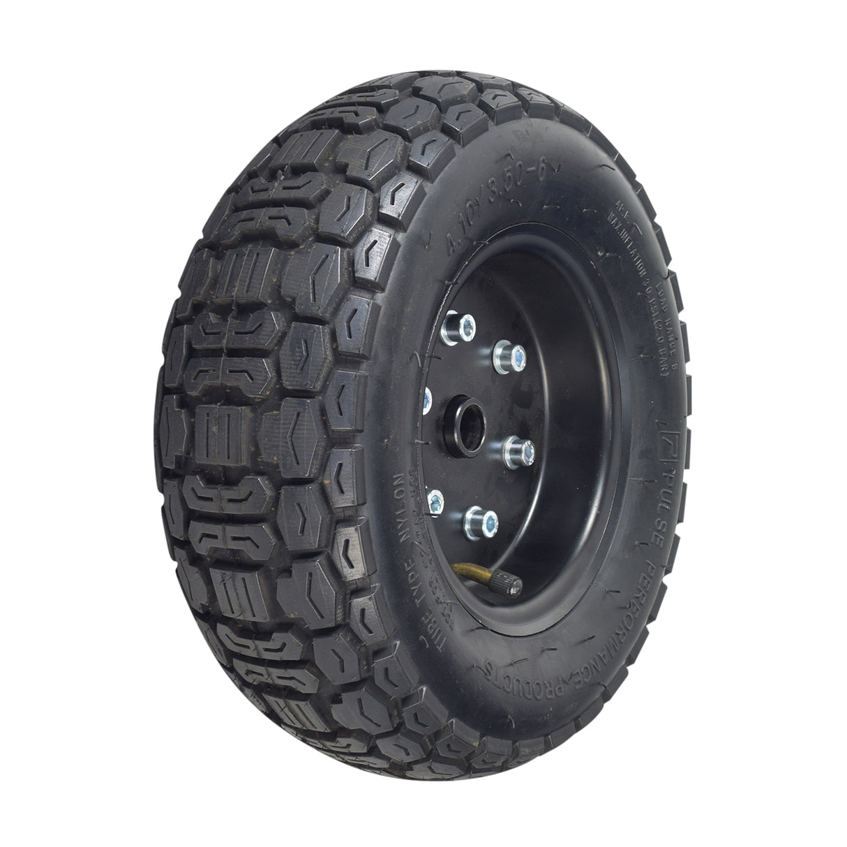 Rear Right Wheel Assembly for the Pulse ATV Quad Ride-On, featuring a steel rim, knobby tread, and pneumatic tire with an angled valve stem for enhanced dirt-gripping traction.