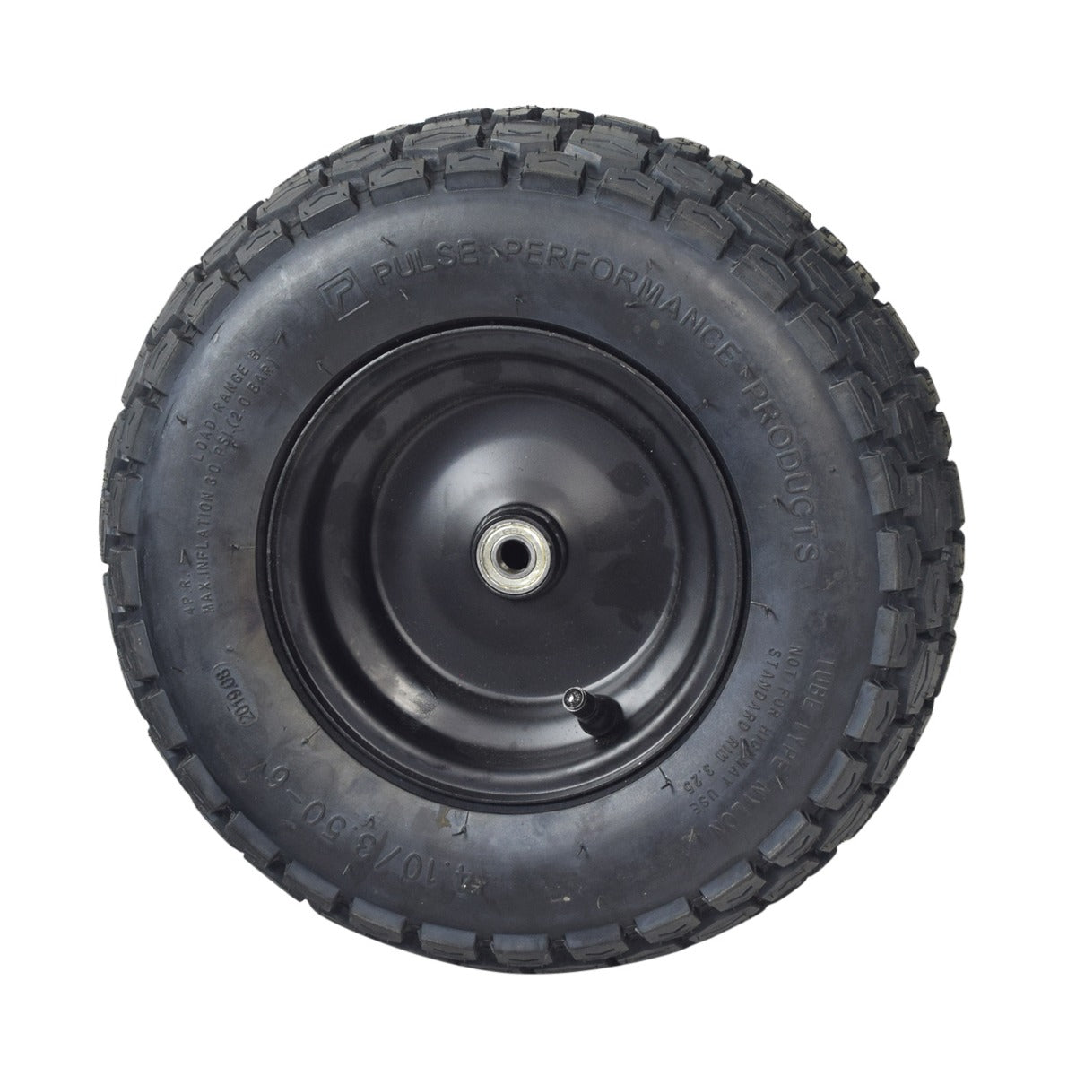 Rear Left Wheel Assembly for the Pulse ATV Quad Ride-On, featuring a steel rim with bearings, knobby tread pneumatic tire, and inner tube with angled valve stem for enhanced dirt-gripping traction.