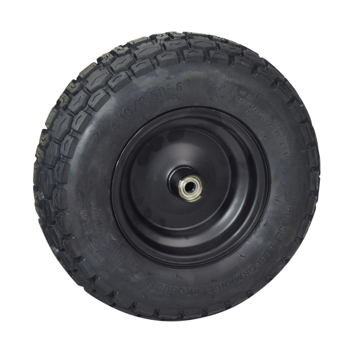 Rear Left Wheel Assembly for the Pulse ATV Quad Ride-On, featuring a steel rim with bearings, steel lock collar, and knobby tread pneumatic tire designed for optimal traction on dirt.