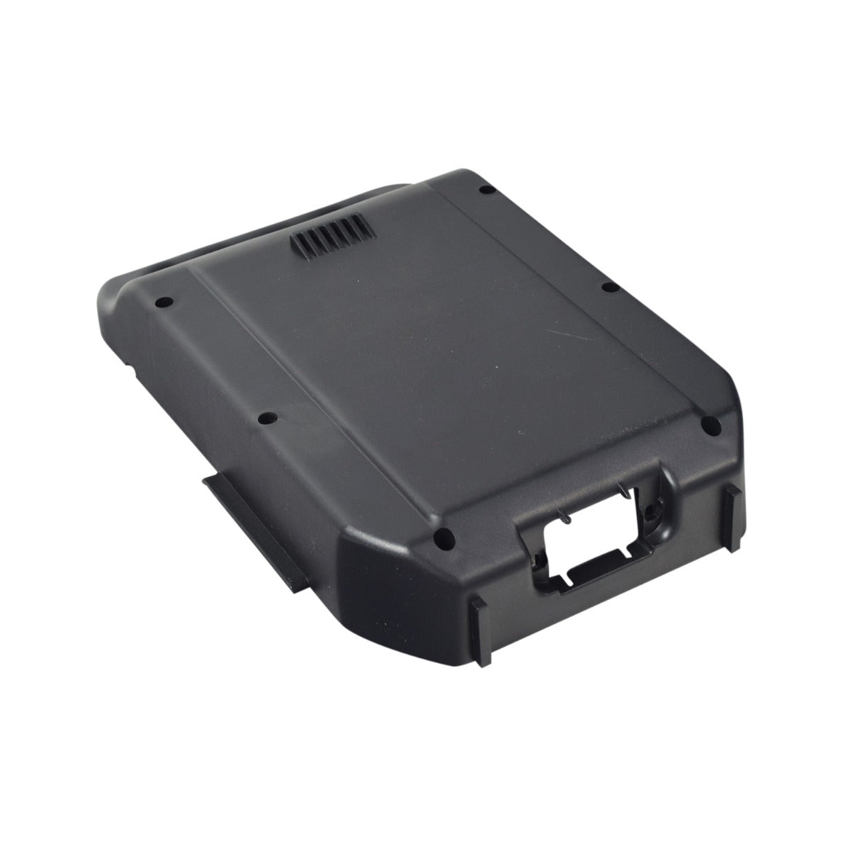 Battery Box Front for the Golden LiteRider Mini (GL109) Scooter, a black plastic component featuring a central hole and multiple vents, designed to house 12 Ah or 15 Ah batteries.