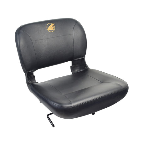 20x18 Black Stadium Seat with Slide Swivel for the Golden Buzzaround XL (GB117/GB147), featuring a black vinyl upholstery, armrests, and a yellow logo on the headrest.