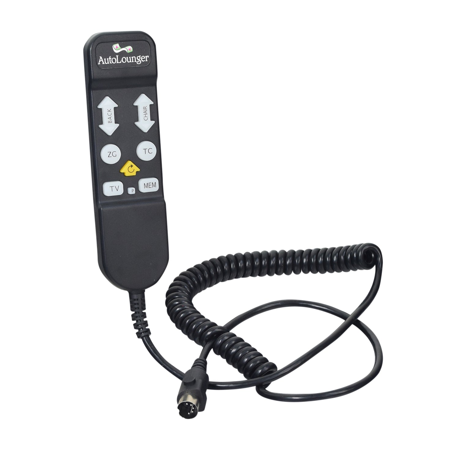 Hand Control with AutoDrive for Golden Ultra Comfort Lift Chairs, featuring a remote control with a coiled cord and a 5-pin connector, designed for precise positioning and comfort adjustments.