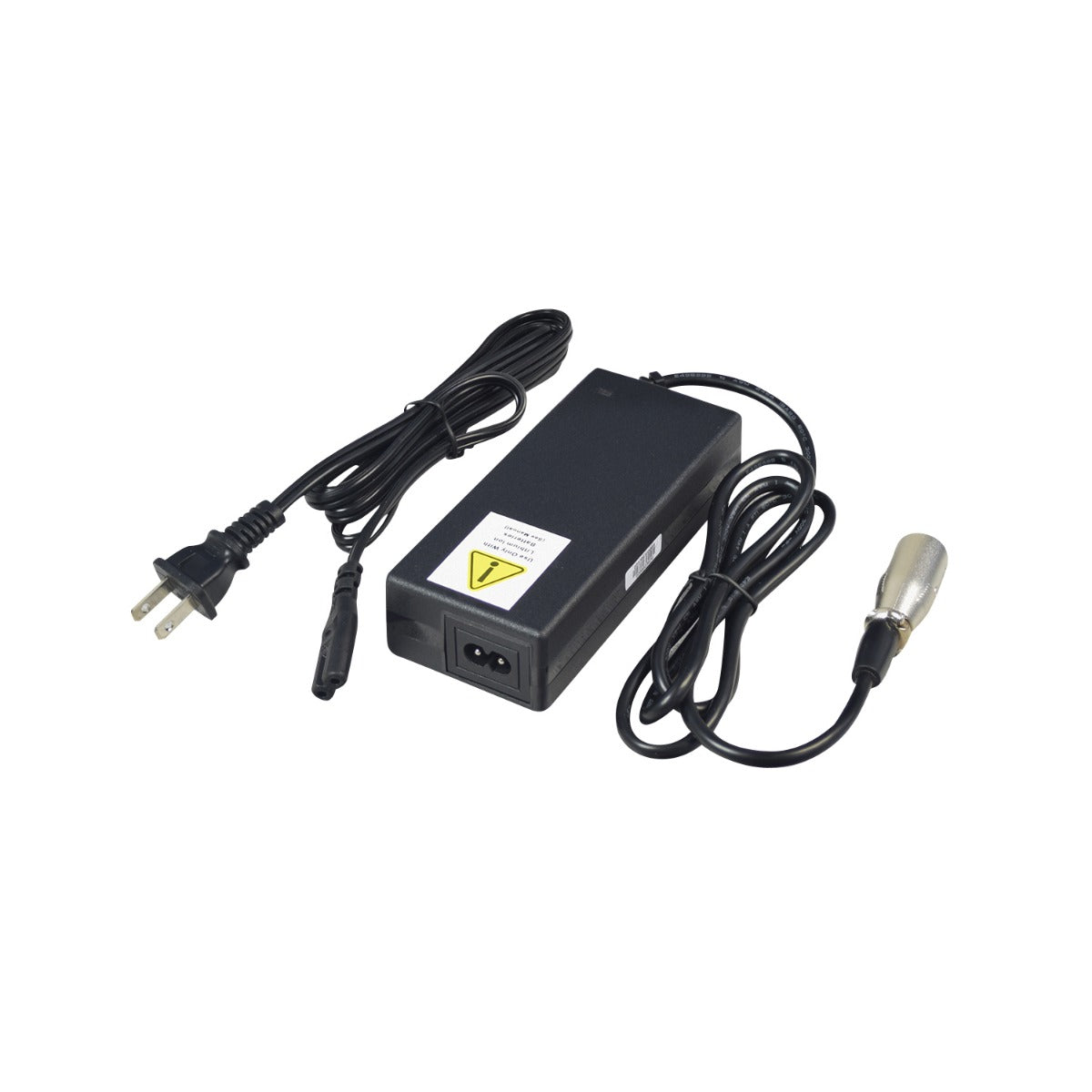 29.4 Volt 2.0 Amp Lithium-Ion Battery Charger for the Golden Buzzaround CarryOn (GB120) Scooter, featuring a black power cord with a yellow label and XLR connector, designed for lithium-ion batteries.