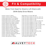 Motor Fork Head (GMOKI-13) for Lift Chairs with OKIN Delta Drive Motors, shown threaded onto a pipe tube motor shaft, designed to break safely under stress to prevent motor damage.