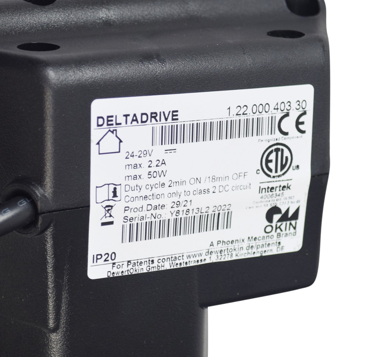 Close-up of the Lift Motor Assembly for Golden Comforter Wide Lift Chairs, featuring the OKIN DeltaDrive motor with a visible label and black surface details.