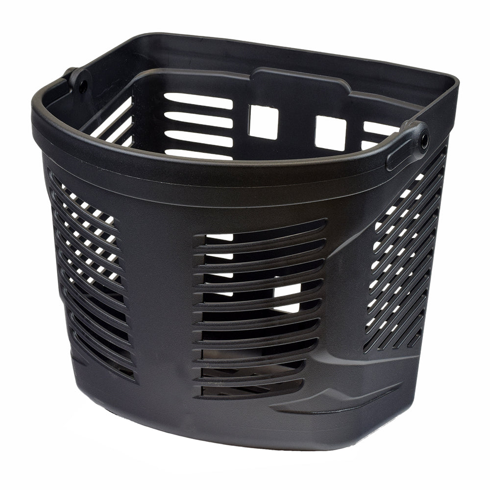 Front Basket for the Golden Buzzaround XL, Buzzaround XLS, & Buzzaround XL HD: A durable black plastic basket with ventilation holes, ideal for carrying personal items on mobility scooters.