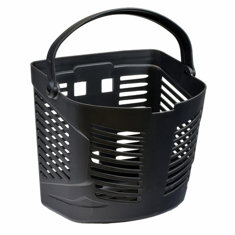 Front Basket for the Golden Buzzaround XL, Buzzaround XLS, & Buzzaround XL HD: a black plastic storage basket with a handle, featuring holes for ventilation and designed for carrying items on mobility scooters.