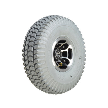 3.00-4 (10x3, 260x85) Pneumatic Front Wheel Assembly for Golden Technologies Companion II (GC440) showing a white tire with a silver rim, close-up of tread and wheel.