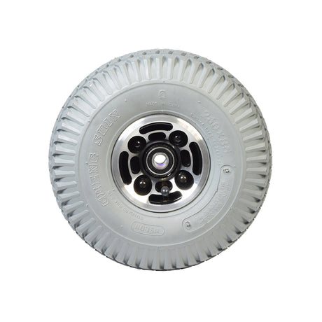 3.00-4 (10x3, 260x85) Pneumatic Front Wheel Assembly for Golden Technologies Companion II (GC440), featuring a white wheel with a black center and circular rim, ideal for a smooth ride.