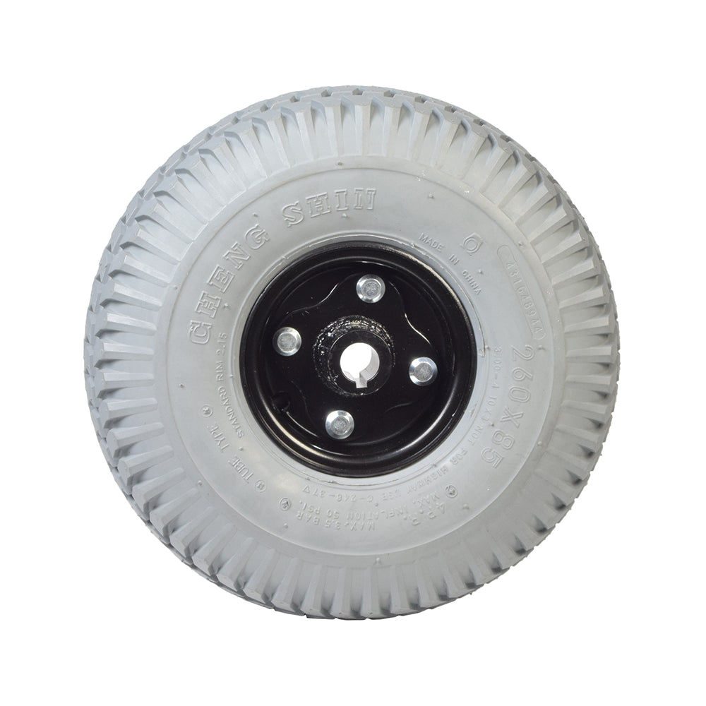 3.00-4 (10x3, 260x85) Pneumatic Rear Wheel Assembly for the Golden Technologies Companion II (GC340 & GC440) featuring a white wheel with a black rim.