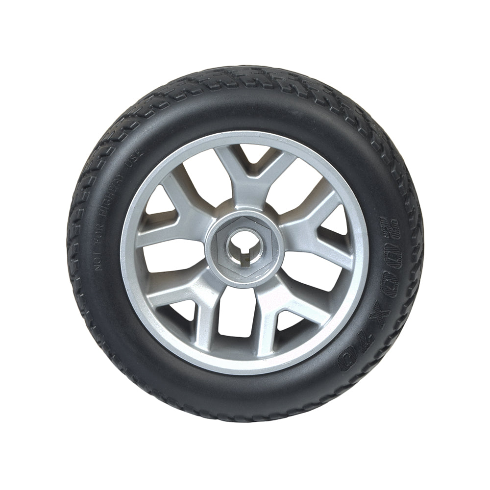 8 Foam-Filled Rear Wheel Assembly for the Golden Technologies Buzzaround XL (GB147), featuring an 8 non-marking black tire on a polished silver rim, with pre-mounted bearings and spacer.