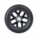 8 Foam-Filled Rear Wheel Assembly for the Golden Technologies Buzzaround XL (GB147), featuring a flat-free, non-marking black tire on a polished rim with pre-mounted bearings and spacer.