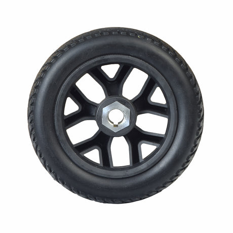 8 Foam-Filled Rear Wheel Assembly for the Golden Technologies Buzzaround XL (GB147), featuring a flat-free, non-marking black tire on a polished rim with pre-mounted bearings and spacer.