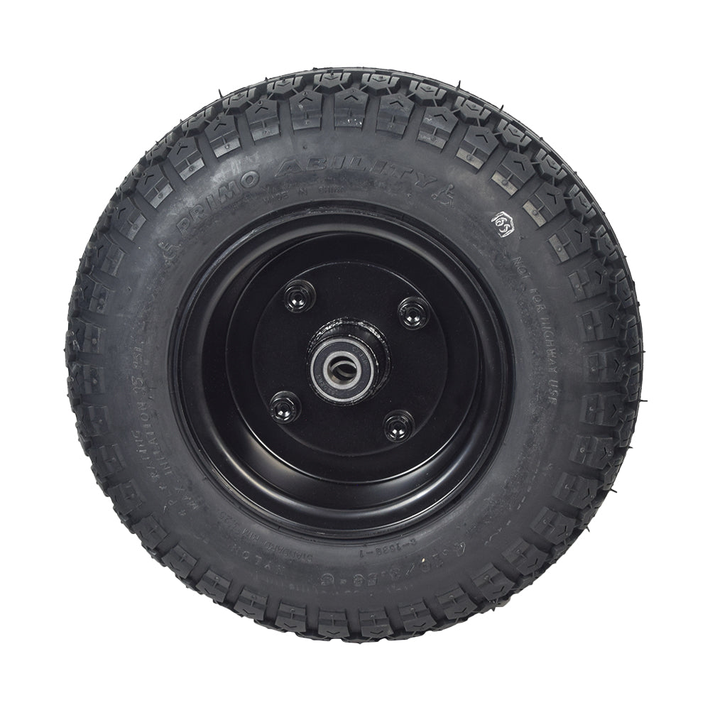 13x4 Pneumatic Front Wheel Assembly for the Golden Patriot (GR575) with a silver rim and a black low-profile tire, featuring a close-up of the tread and metal hub.