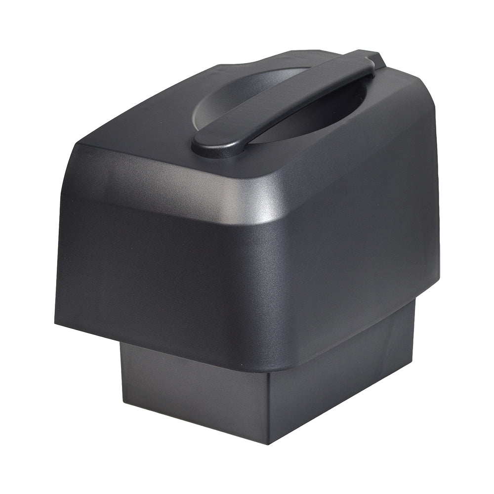 Left Battery Box Assembly for Golden Buzzaround EX & LX Scooters, black plastic container with a handle, designed for easy disassembly and includes an optional 35 Ah UPG battery.