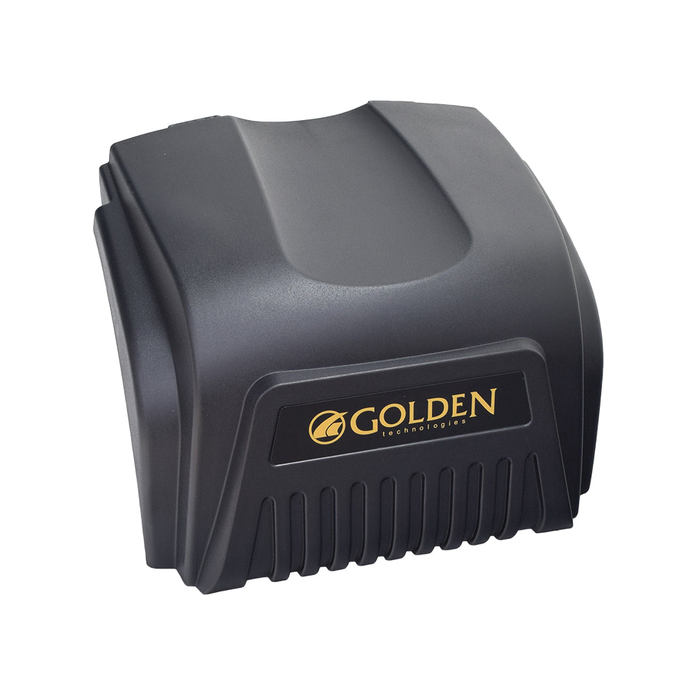 Rear Battery Box Cover for the Golden Compass Sport (GP605L) featuring a yellow logo on a black plastic shroud, designed to fit behind the seat post.