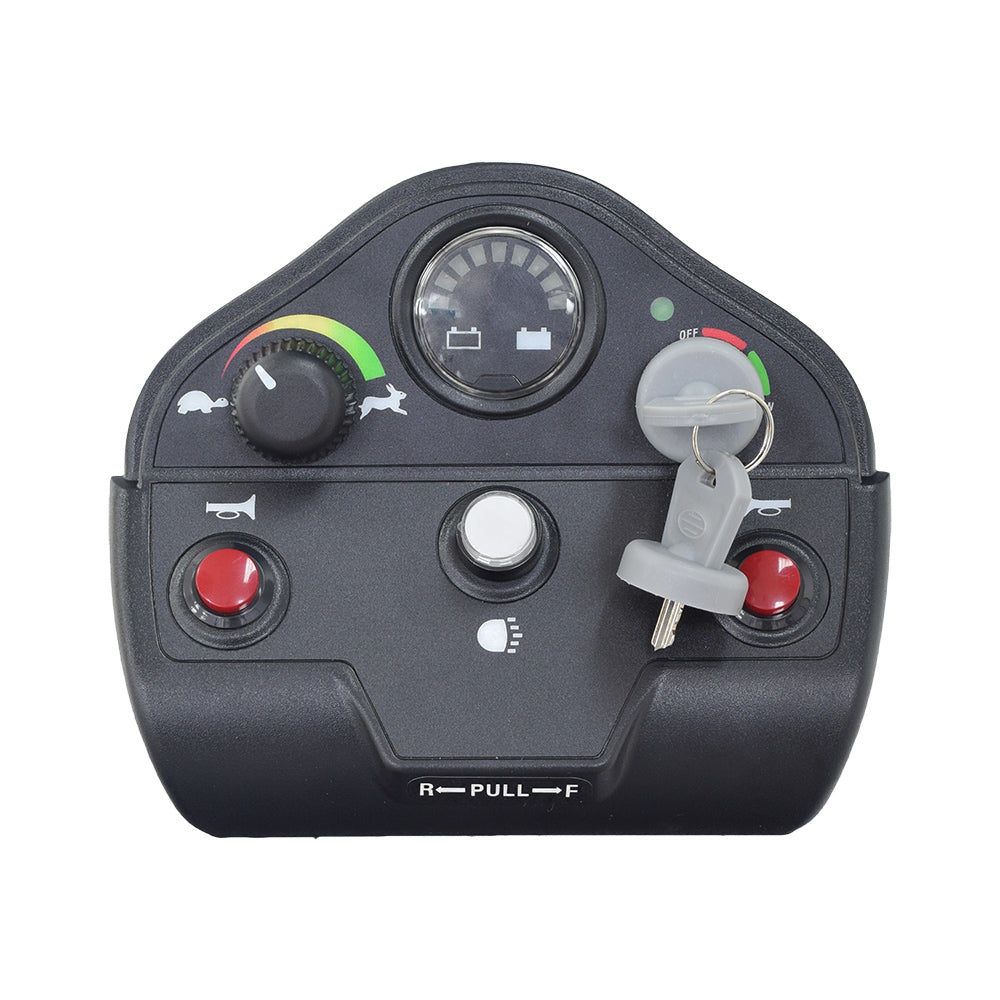 Dashboard Console for the Golden Technologies Companion I & II (GC240, GC340, GC440) featuring a voltmeter, key switch, horn button, headlight switch, speed potentiometer, and keys.