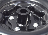 Solid black metal wheel assembly for the Golden Technologies Companion I (GC240) mobility scooter, featuring a central hole, designed for a flat-free ride.