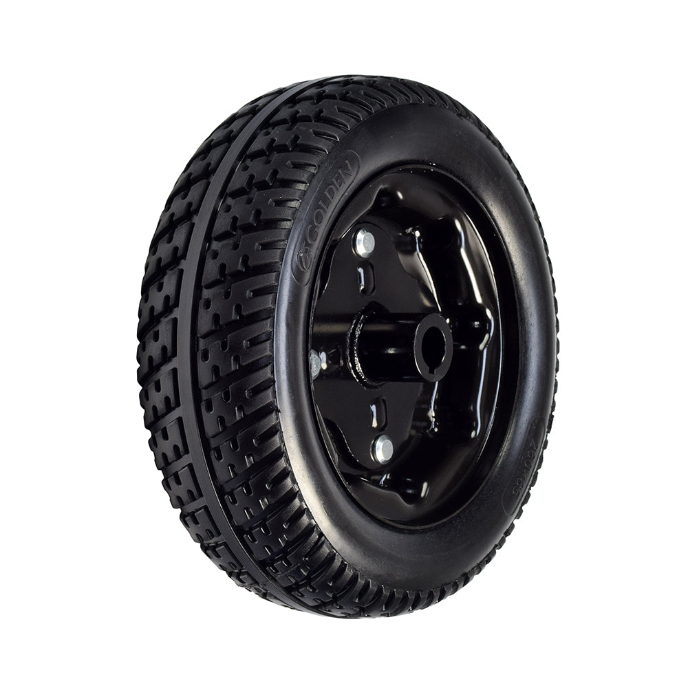 Solid black rear wheel assembly for Golden Technologies Companion II (GC340, GC440) mobility scooters, featuring a flat-free tire and black rim, designed for a 3/4 axle.