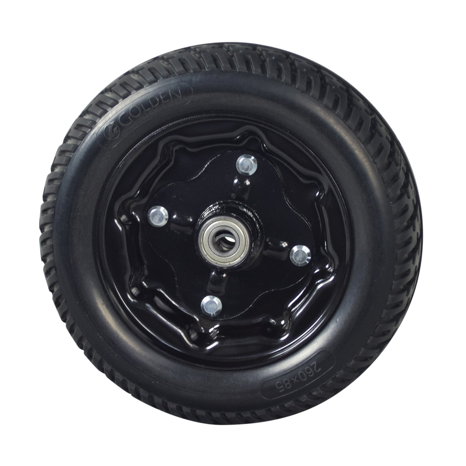 Flat-Free Black Front Wheel Assembly for Golden Technologies Companion II (GC440) mobility scooter, featuring a 10 solid black tire, metal hub, and integrated 6202ZZ wheel bearings.