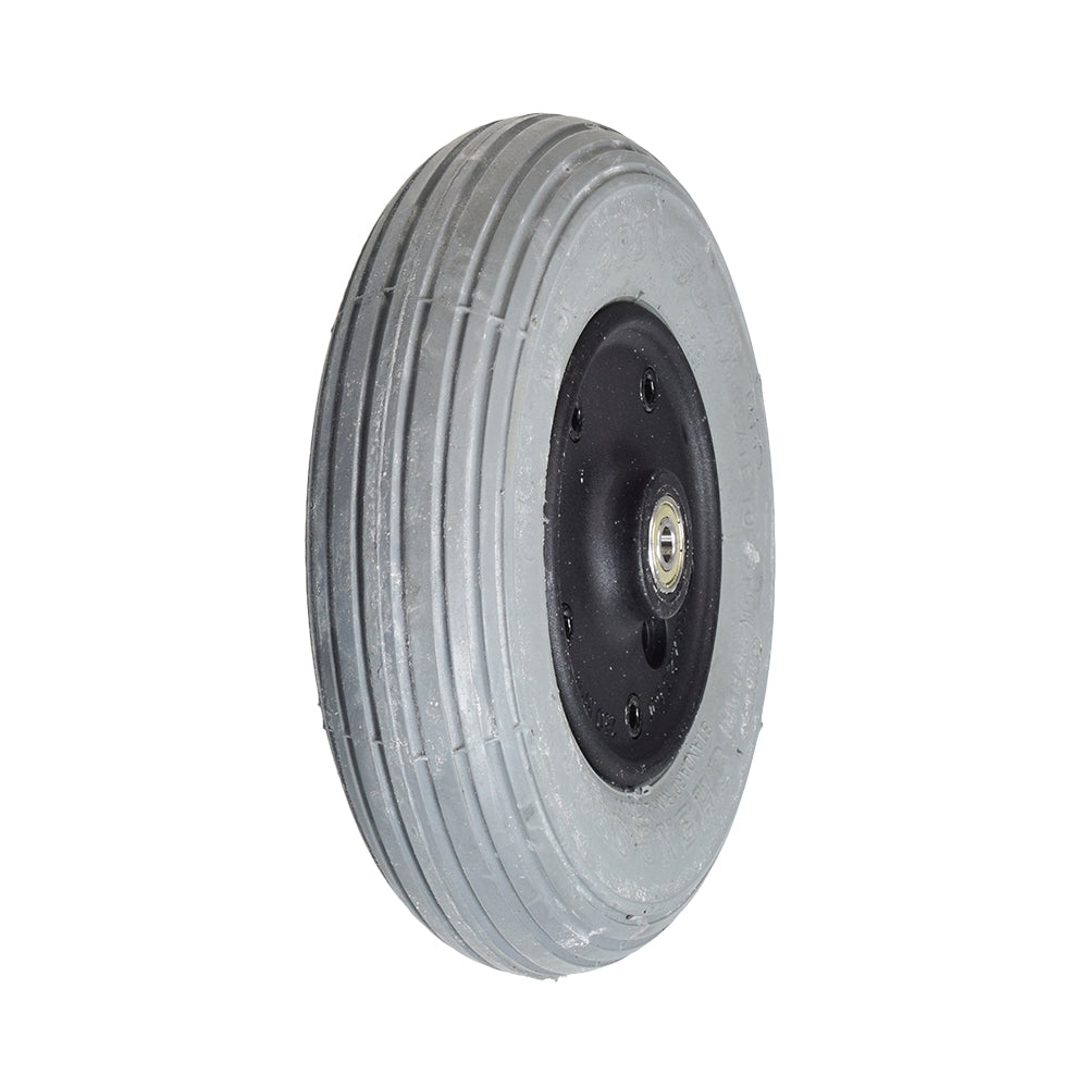 8x2 (200x50) Foam-Filled Front Wheel Assembly for the Pride Rally (SC151), featuring a black rim, flat-free tire, and bearings, designed for durability and smooth transportation.