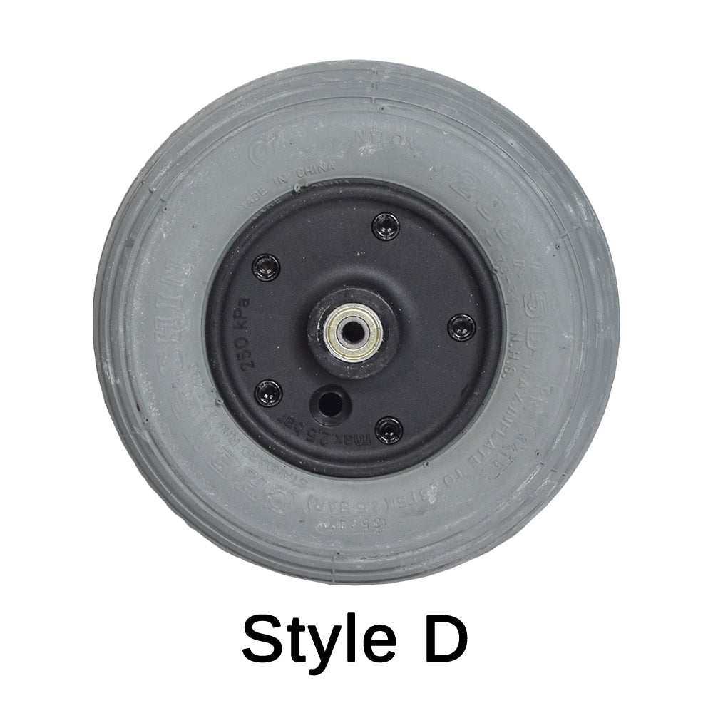 Universal 8x2 (200x50) Caster Wheel with 608Z Bearings featuring a close-up of a black rim with a six-spoke design. Ideal for mobility scooters and power chairs.