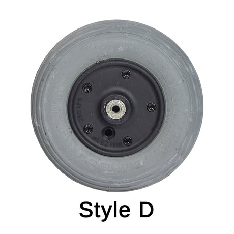 Universal 8x2 (200x50) Caster Wheel with 608Z Bearings featuring a close-up of a black rim with a six-spoke design. Ideal for mobility scooters and power chairs.