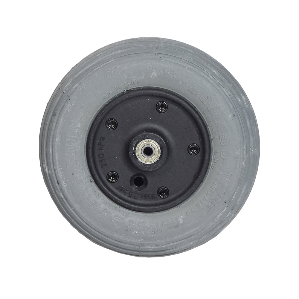 8x2 (200x50) Gray Foam Filled Caster Wheel Assembly for Merits Regal (P310) and Travel-Ease Commuter (P101/P171) Power Chairs, featuring a black rim and gray ribbed tire with included bearings.