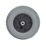 8x2 (200x50) Gray Foam Filled Caster Wheel Assembly for Merits Regal (P310) and Travel-Ease Commuter (P101/P171) Power Chairs, featuring a black rim and gray ribbed tire with included bearings.