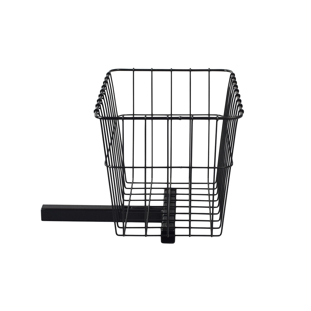 Rear Basket for Golden Technologies Scooters: A black wire basket with a black handle, designed to attach to the rear of Golden Technologies scooters for additional cargo capacity.