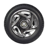 195x50 Front Wheel Assembly for Golden Technologies Buzzaround XL (GB146), featuring a low profile, non-marking black tire with unique tread on a polished hubcap and rim.